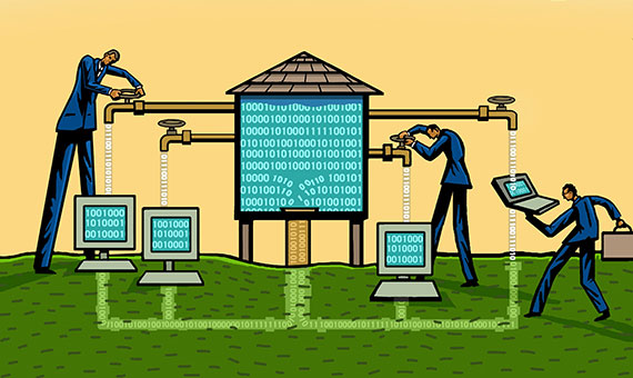 illustration of people turning on water taps to collect data