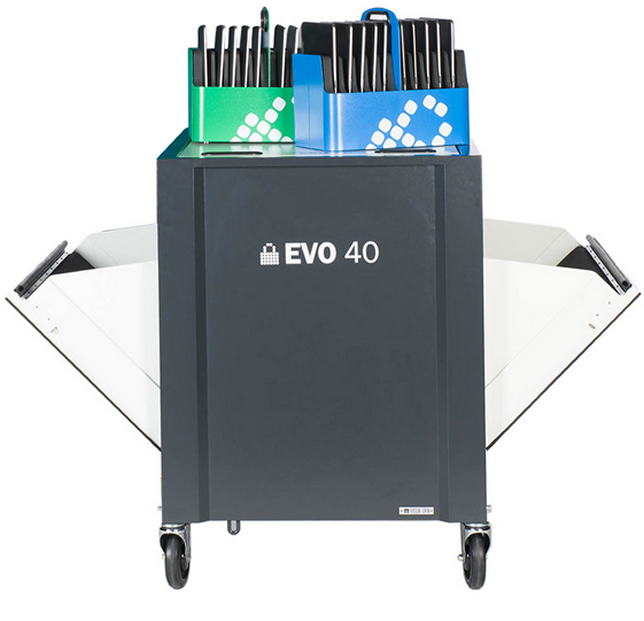 The EVO 40 Cart from LocknCharge features two wells with carry baskets to speed device distribution.