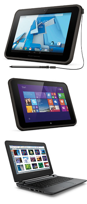 Top to bottom: the HP Pro Slate 10 EE (Google Android), the HP Pro Tablet 10 EE (Microsoft Windows) and the HP ProBook 11 EE touchscreen notebook