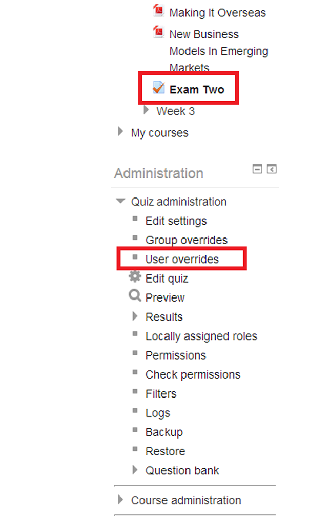 Within Moodle, the key to any quiz customization is the User override option beneath Quiz administration.