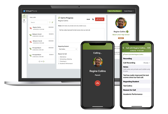 image shows the ParentSquare school-home communications dashboard for K-12 school staff using the new virtual phone feature to call students' families