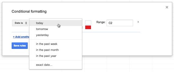 Google sheets conditional formatting date options
