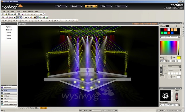 wysiwyg allows users to design, pre-cue and play back lighting sequences; show a 3D simulation of their lighting ideas; and produce lighting plots and reports with fixture schedules and other details.