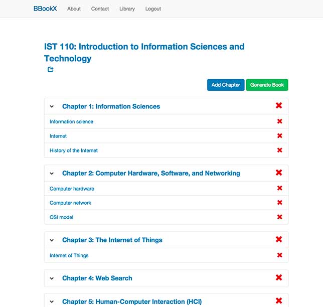 BbookX OER textbook creation tool: A textbook with multiple chapters ready to be shared.