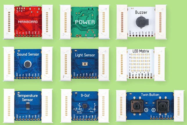 <p>A Chinese company  that provides electronic components for maker projects is bundling a small set  of color-coded modules with lessons for the classroom. The <a href="https://www.seeedstudio.com/edu/grove-zero.html" target="_blank">Seeed Studio Grove Zero STEM Starter Kit</a> comes with a main board, a power  board, five sensors and two actuators, as well as how-to instructions to help  teachers and students aged eight and older plug and play as they learn about  electronics, programming, design thinking and logic. The product will be  available starting  Oct. 10 and will cost $99.50.</p>  <div class="imageCap fullWidth"><img alt="" src="http://placehold.it/644x400" /> <p>Components  of the Grove Zero STEM Starter Kit include a main board, power board and seven  other functional microcontrollers.</p> </div>   <p>Each  module in the kit is preconfigured with code that runs when the units are  snapped together magnetically or that can be reprogrammed through a graphical  application included with the kit (Module Matcher) or with <a href="https://makecode.com/" target="_blank">Microsoft's  MakeCode</a>. The  software is compatible with Windows and macOS.</p>  <div class="imageCap fullWidth"><img alt="" src="http://placehold.it/644x400" /> <p>Seeed's  Module Matcher software provides a visual form of programming that is  downloaded to the main board for playing when it's completed.</p> </div>  <p>The  curriculum includes instructions for eight different projects, including  visualizing sound, creating a worm bot and setting up an "angular  guitar." Each project is expected to take between 90 and 120 minutes. (It  should be noted, however, that in its current shape, the content needs  copy-editing for grammatical blunders.) The teacher's guide is openly available <a href="file:///C:\Users\Dian\Downloads\GZ%20STEM%20Starter%20Kit%20Teacher%E2%80%99s%20Guide.pdf">on Seeed's website</a>, as is a "<a href="file:///C:\Users\Dian\Downloads\GZ%20STEM%20Starter%20kit%20Students%E2%80%99%20Invention%20log%20.pdf">student invention log</a>."</p>