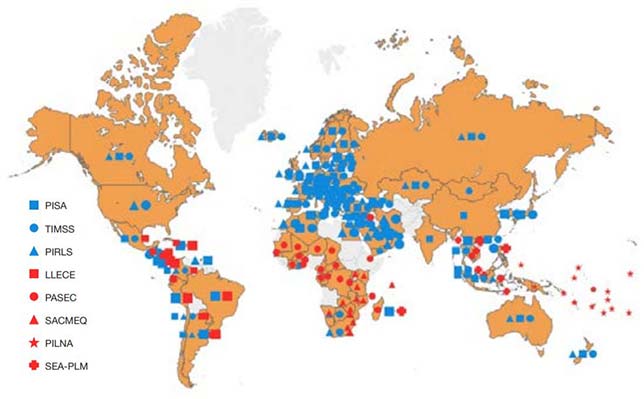 School-based assessments. Those areas shaded in orange correspond to the existence of national assessments. Source: UNESCO Institute for Statistics.