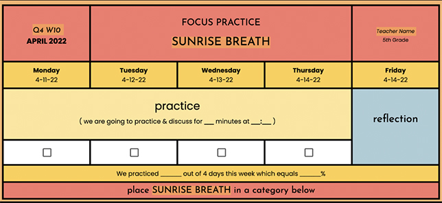 A sample chart shows how a teacher can track a Sunrise Breath yoga for kids as an SEL classroom practice