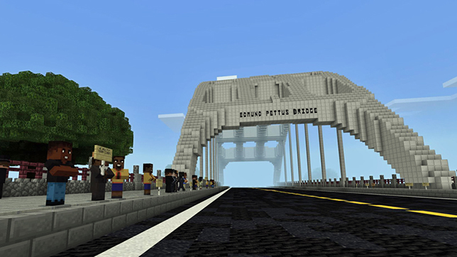 A scene from the Lessons in Good Trouble world in Minecraft: Education Edition shows the Edmund Pettus Bridge in Selma, Alabama, the setting of historic events in the civil rights movement.
