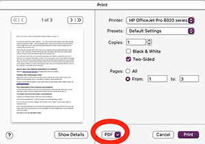Print dialog box on a Mac with Save as PDF function highlighted