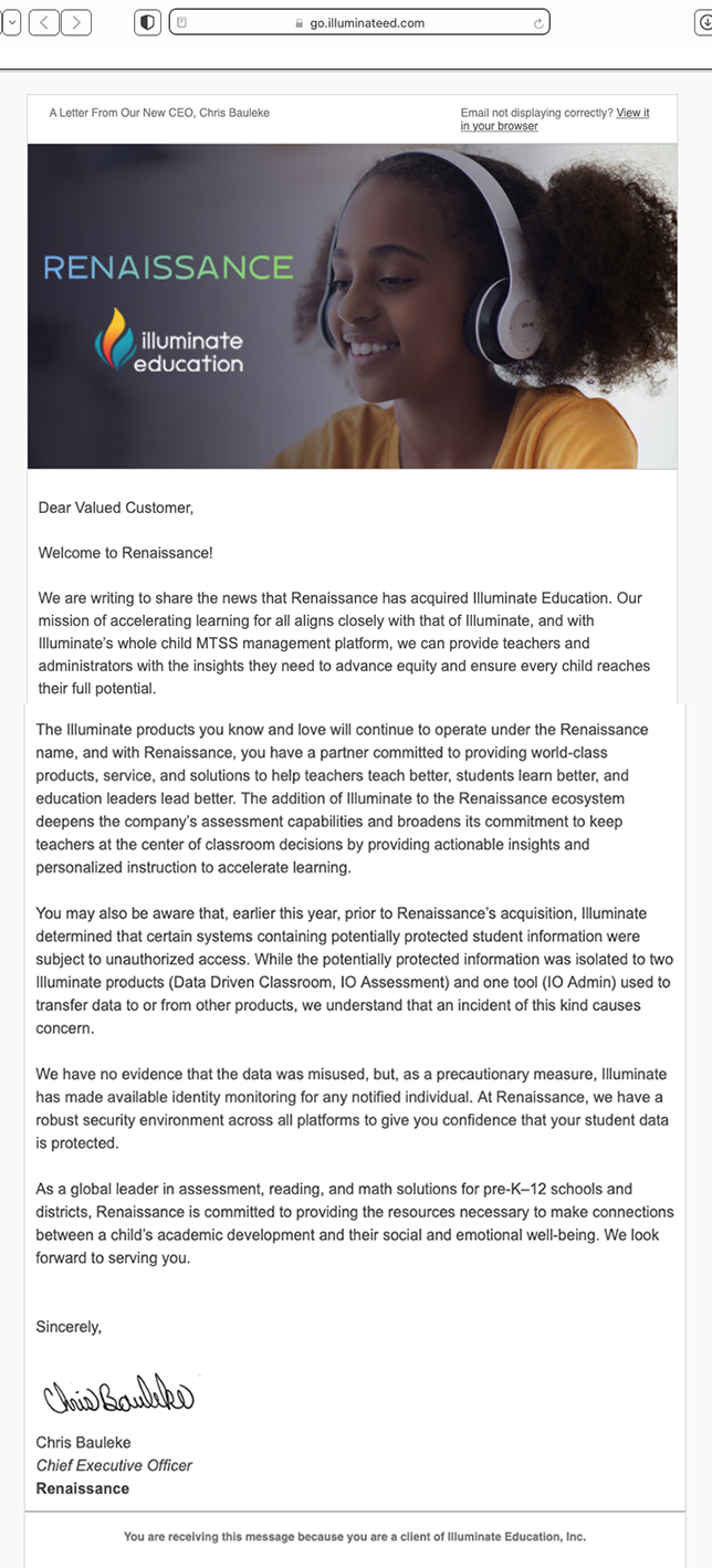 Email from Renaissance's CEO to Illuminate Education customers announcing the acquisition sent Aug. 24, 2022