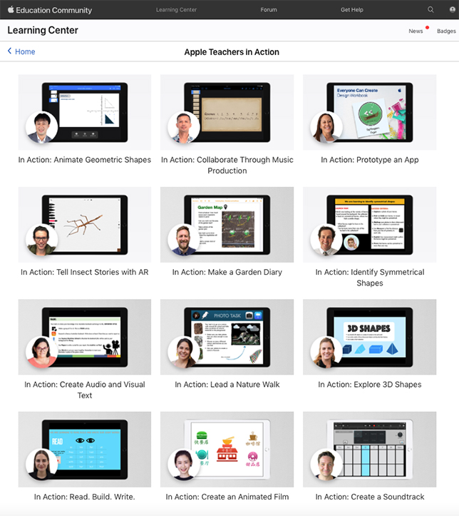 A screenshot shows a sampling of the Teachers In Action success stories where educators can download sample lessons and templates for using Apple devices to spark learning