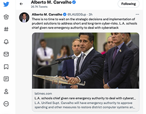 LAUSD superintendent Alberto Carvalho shared the news of his emergency spending authority on Twitter 