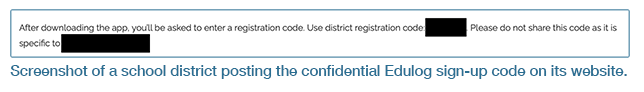 Screenshot of a school district that has posted on its public website the confidential parent sign-up code for Edulog school bus tracker app