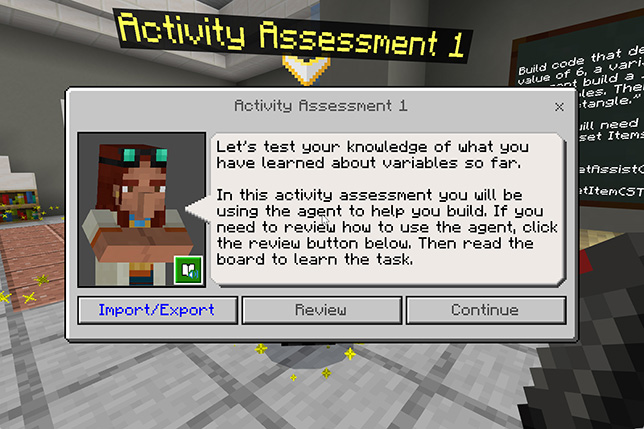 Écran d'évaluation d'activité de Coding in Minecraft de Prodigy Learning, un programme de certification en informatique dispensé via Minecraft Education. 