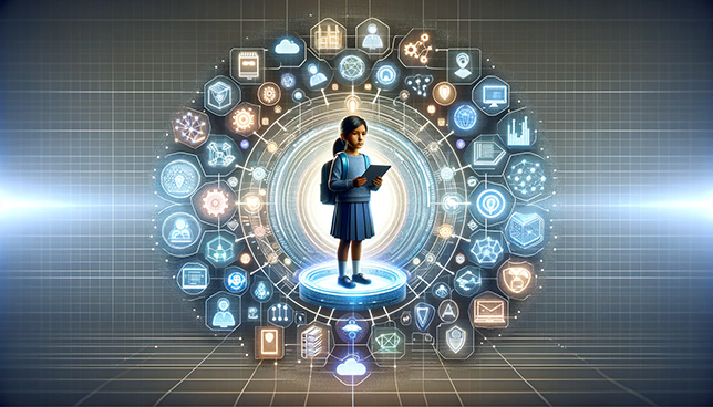 elementary school student represented as a digital wireframe, surrounded by an abundance of glowing data elements