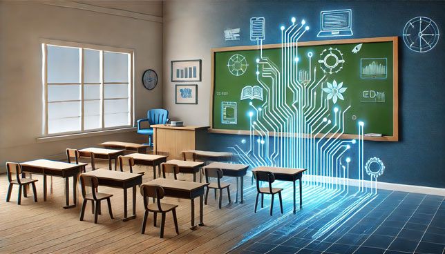 abstract illustration of a classroom with glowing circuits and technology gradually integrated from left to right