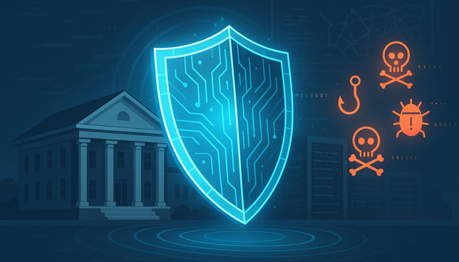 school building protected by a glowing blue shield with circuit patterns, blocking red-orange cyber threat icons