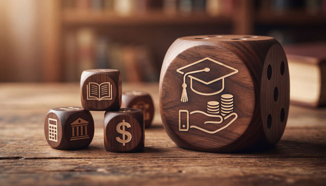 education funding and graduation symbols on wooden dice