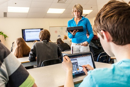 Students at Canada's Riverside Secondary School are piloting Samsung School, a smart classroom package comprising Galaxy Note 10.1 tablets, an e-board, and classroom management software.