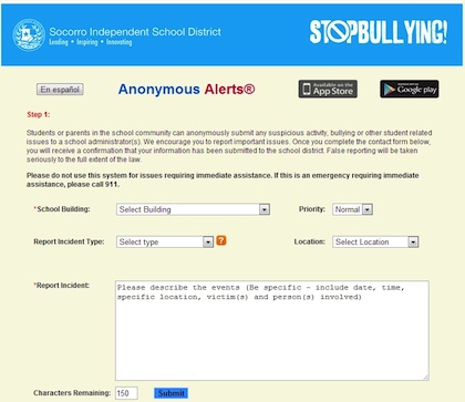 Anonymous Alerts allows users to pull up a short form to provide details about an incident for reporting.