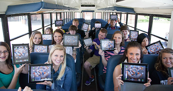 students online on a bus