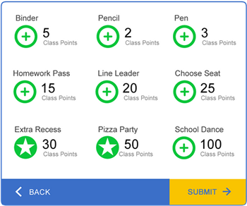 LiveSchool allows students to trade their behavior points for rewards such as school supplies or a class pizza party.