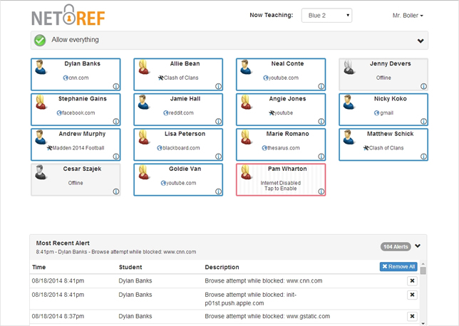 NetReferee allows teachers to supervise the Internet access of a single student, a classroom or an entire school.