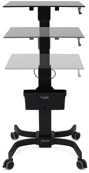 Ergotron's LearnFit desks can be easily adjusted from a sitting to a standing position and roll for easy classroom configuration.