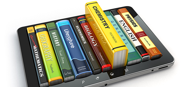 illustration of books emerging from a tablet screen.