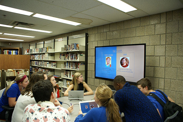 The collaboration stations are ideal for group work because everyone can plug in their Chromebooks or laptops and take turns displaying their screens on the monitor.