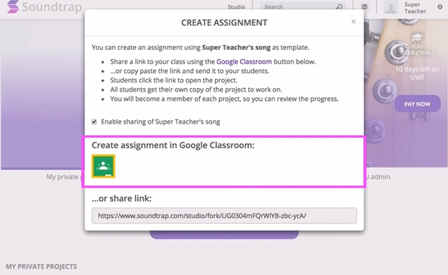 Soundtrap for Education allows teachers to set up assignments in Google Classroom.