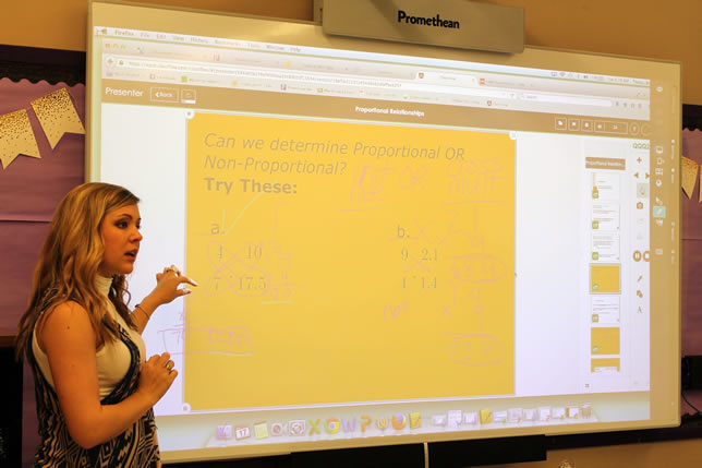Jessi Toups uses a 102-inch-wide display in her classroom.