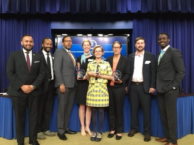 Recipients from W.B. Saul High School in Philadelphia, the CH2M Foundation and The Nature Conservancy show their award for a public-private partnership to teach STEM to high schoolers. Source: CH2M.
