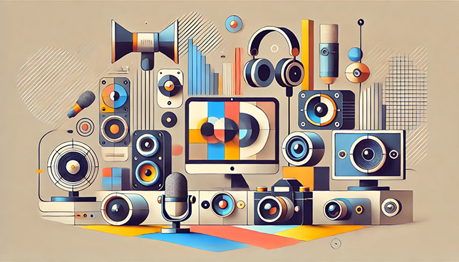 geometric, stylized illustration showcasing various audiovisual products