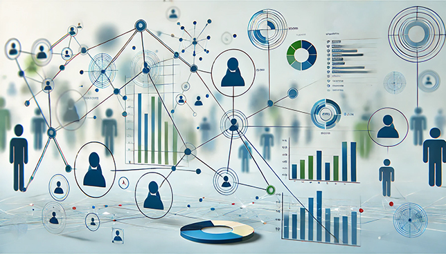 abstract representation of student data, featuring data nodes, network lines, and subtle graphical elements