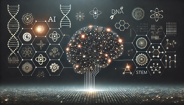 glowing digital human brain composed of abstract lines and nodes, connected to STEM icons, including a DNA strand, a cogwheel, a circuit board, and mathematical formulas