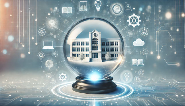 A glowing crystal ball with a modern school building inside, surrounded by numerous holographic symbols including a gear, book, laptop, lightbulb, cloud icon, smartphone, and circuit pattern, on a gradient blue and white background.