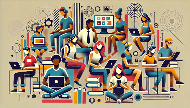 stylized illustration of diverse students holding laptops, smartphones, and sitting at computers