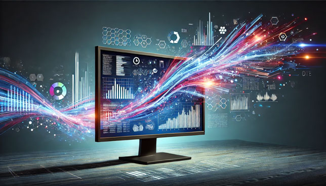 computer monitor with glowing digital data and graphs bursting out in an abstract, energetic explosion of lines and elements against a dark background