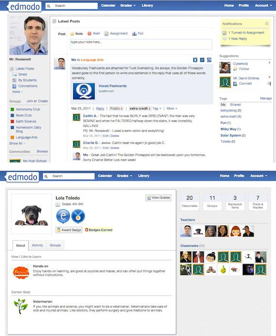  Samples of an instructor stream (top) and student stream in Edmodo.