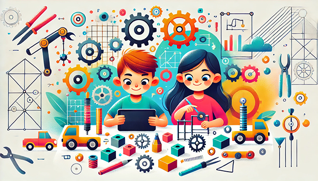 stylized illustration of two children engaged in engineering activities, one using a tablet and the other assembling mechanical parts like gears and pulleys, set against a colorful background with abstract shapes