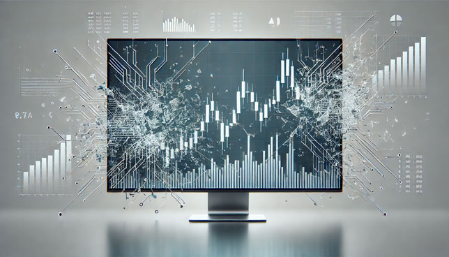 Stock market graphs and candlesticks breaking apart with glass-like cracks