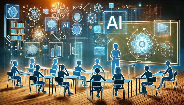 depiction of a K-12 classroom with geometric shapes forming students and a teacher, surrounded by multiple holographic learning tools in various subjects