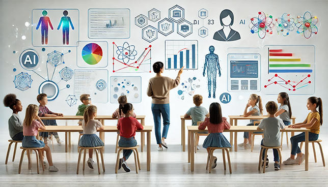 An elementary school teacher and young students interact with floating holographic screens displaying colorful charts and playful data visualizations in a minimalist classroom setting