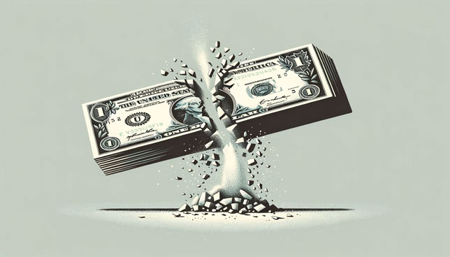 horizontal stack of U.S. dollar bills breaking in half