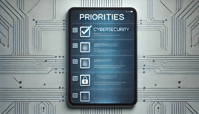 tablet displaying a priority list with cybersecurity at the top