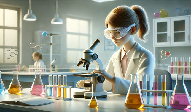 A middle school student wearing safety goggles and a lab coat uses a microscope in a science lab, surrounded by beakers and test tubes filled with colorful liquids