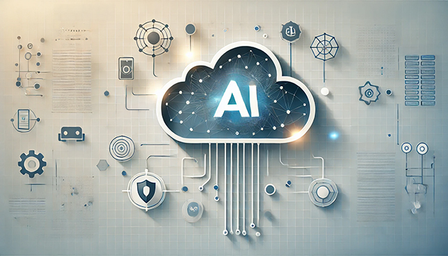 glowing AI symbol integrated into a stylized cloud icon, surrounded by interconnected digital nodes and translucent security shields, set against a gradient white-to-blue background with grid lines and abstract risk charts