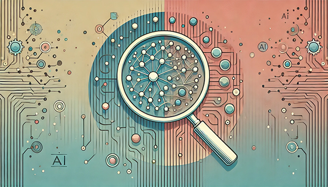 a stylized magnifying glass and a neural network pattern with interconnected nodes, symbolizing search and AI processes