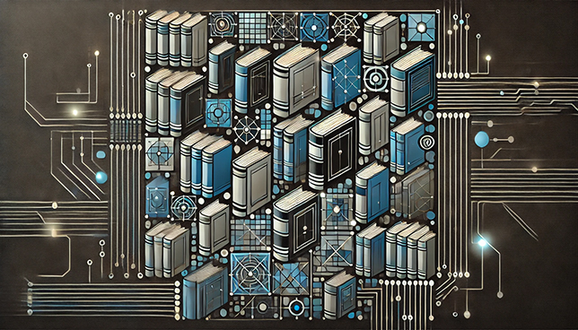 geometric pattern of books arranged in a grid, connected by sleek, glowing lines resembling circuitry